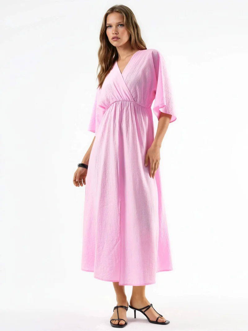 بوسيم BUSEM V-Neck Midi Wrap Dress with Three Quarter Sleeves