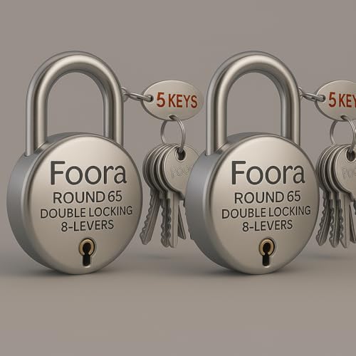 Foora Round 65 Double Locking Padlock, 8-Lever Security Lock with 5 Keys, Silver (2) - Image 1
