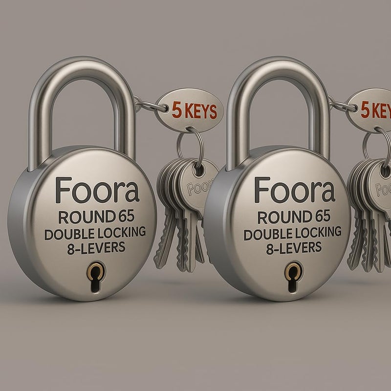 Foora Round 65 Double Locking Padlock, 8-Lever Security Lock with 5 Keys, Silver (2) - Image 5