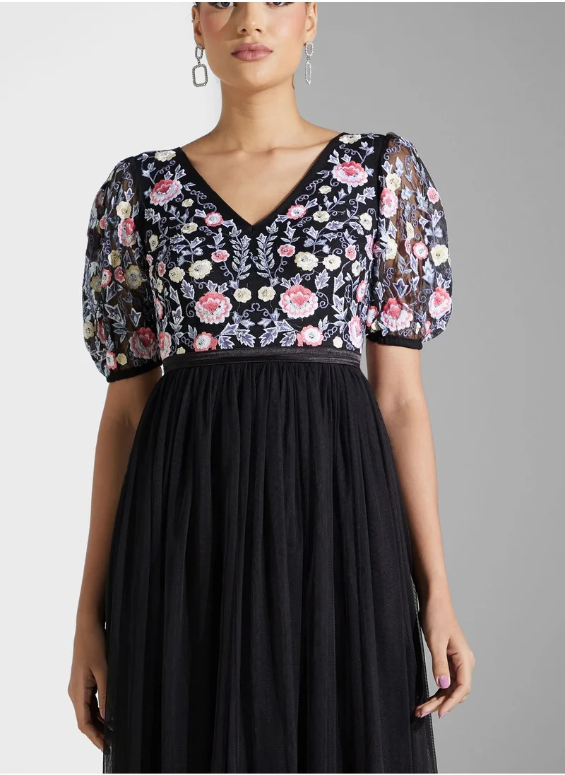 Frock and Frill Floral Embroidered Maxi Dress