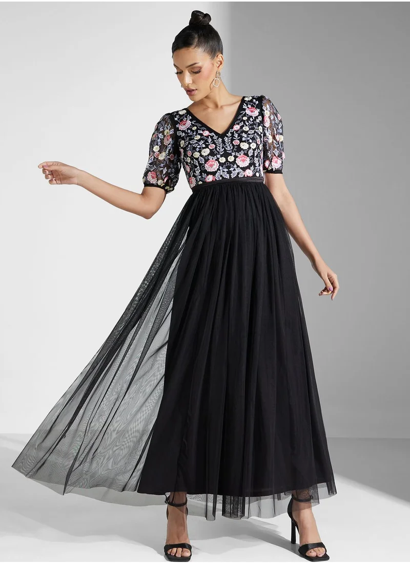 Frock and Frill Floral Embroidered Maxi Dress