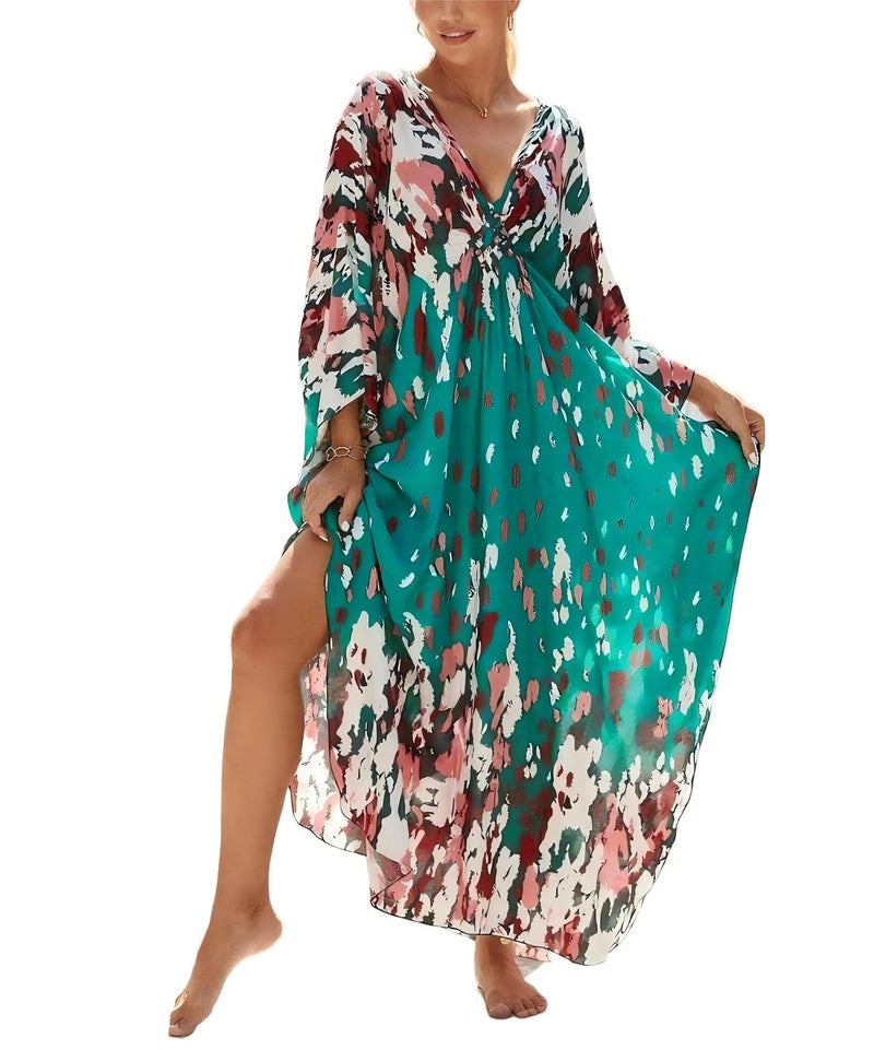 IMAGEKOPE Kaftan Dresses for Women Plus Size V-Neck Moo Moos Batwing Kaftan Beach Dress Bathing Suit Cover-Up Loungewear - Image 1