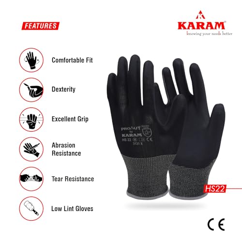 Karam HS22 Safety Gloves for Mechanical Hazards | Safety Work Gloves with Black Liner with Black PU Coating | Multipurpose Use | Cut Resistant | Abrasion, Tear & Puncture Resistant | Size-XL - Image 4