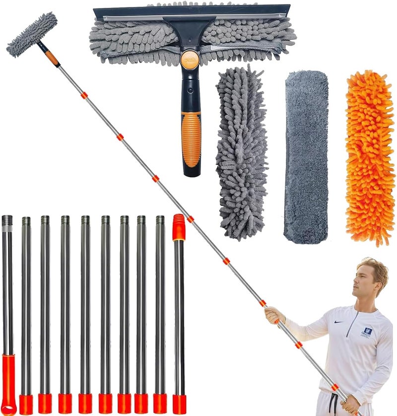 Tonmp 20 ft+ Reach Squeegee Window Cleaner Duster 2 in 1 Rotatable Window Cleaning Tool Kit with 3-14 ft Extension Pole, Window Washing Equipment for Indoor Outdoor Window Car Glass - 3 Pads - Image 1