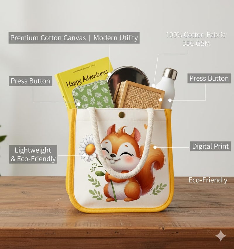 HOBBY INDIA Kids Lunch Bag | Cute & Stylish Mini Tiffin Bag for Boys & Girls | Cute Cotton Cartoon Design I Perfect For Picnic Tuition School, Preschool & Playschool (Squrrial) - Image 4