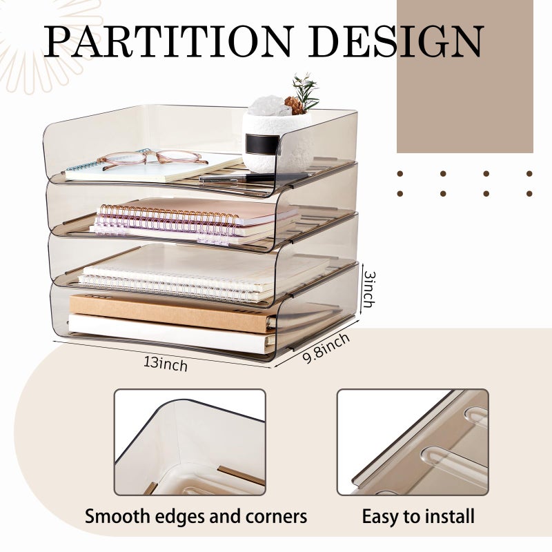 Harloon 4 Tier Acrylic Paper Tray 13 x 9.8 x 3 Inches Stackable Letter Clear Organizer No Need to Assemble Acrylic Paper Organizer File Tray for Office Workspace Desktop Storage (Transparent Gray) - Image 1
