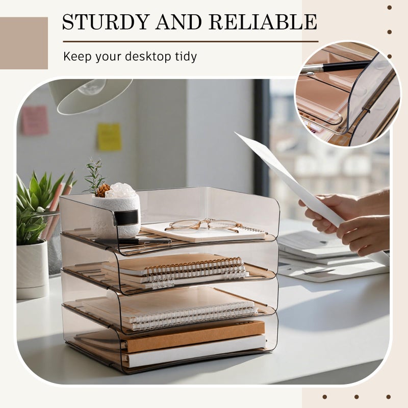 Harloon 4 Tier Acrylic Paper Tray 13 x 9.8 x 3 Inches Stackable Letter Clear Organizer No Need to Assemble Acrylic Paper Organizer File Tray for Office Workspace Desktop Storage (Transparent Gray) - Image 5