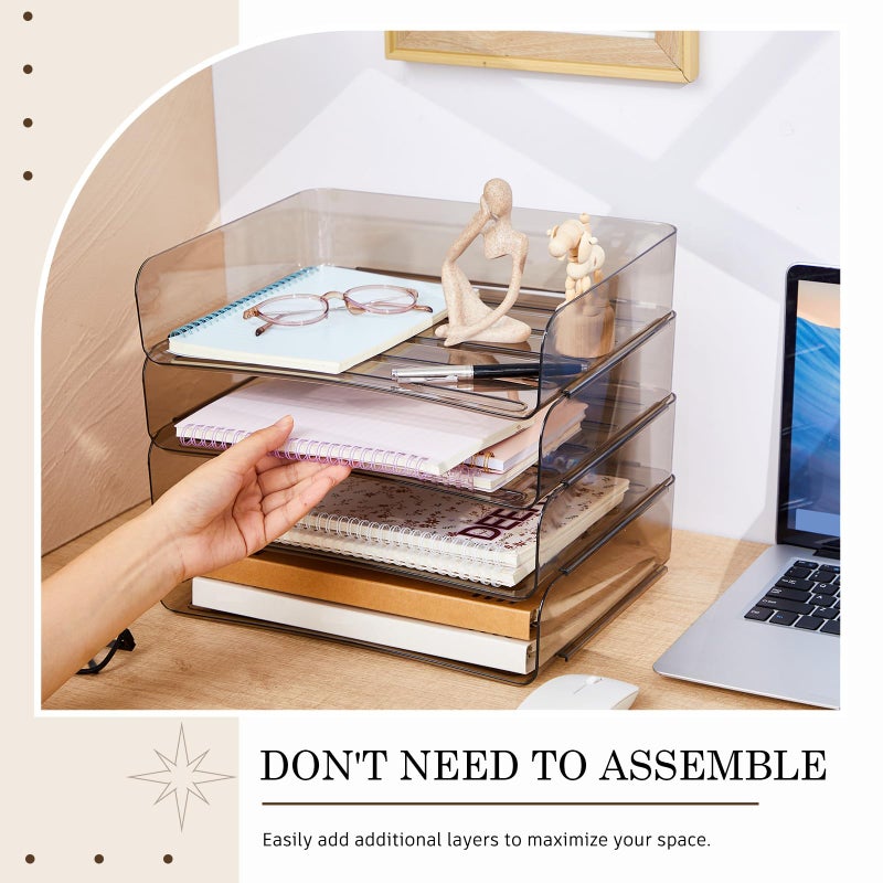Harloon 4 Tier Acrylic Paper Tray 13 x 9.8 x 3 Inches Stackable Letter Clear Organizer No Need to Assemble Acrylic Paper Organizer File Tray for Office Workspace Desktop Storage (Transparent Gray) - Image 2