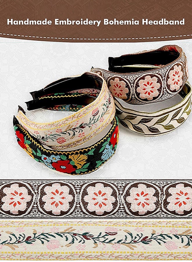 4 قطع من عصابة رأس بوهو للنساء مطرزة، رباط شعر عريض بوهيميا، عصابات رأس عريضة مزينة بالورود، إكسسوارات للبنات على الطراز العرقي العتيق (نمط كلاسيكي) - Image 3
