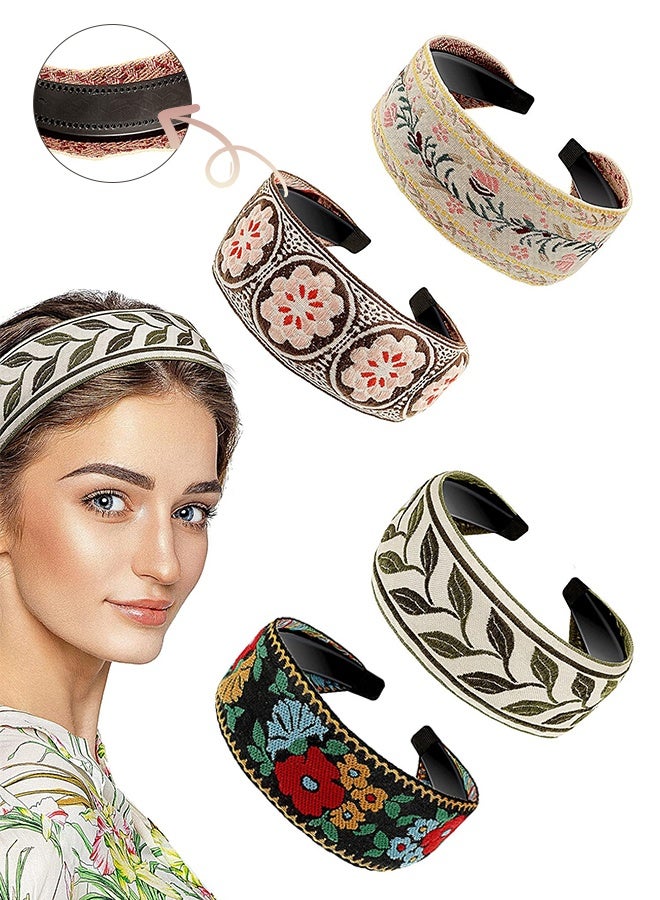 4 قطع من عصابة رأس بوهو للنساء مطرزة، رباط شعر عريض بوهيميا، عصابات رأس عريضة مزينة بالورود، إكسسوارات للبنات على الطراز العرقي العتيق (نمط كلاسيكي) - Image 1