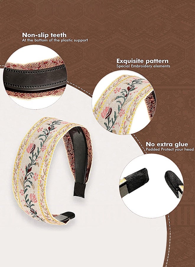 4 قطع من عصابة رأس بوهو للنساء مطرزة، رباط شعر عريض بوهيميا، عصابات رأس عريضة مزينة بالورود، إكسسوارات للبنات على الطراز العرقي العتيق (نمط كلاسيكي) - Image 4
