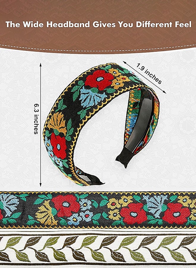 4 قطع من عصابة رأس بوهو للنساء مطرزة، رباط شعر عريض بوهيميا، عصابات رأس عريضة مزينة بالورود، إكسسوارات للبنات على الطراز العرقي العتيق (نمط كلاسيكي) - Image 2