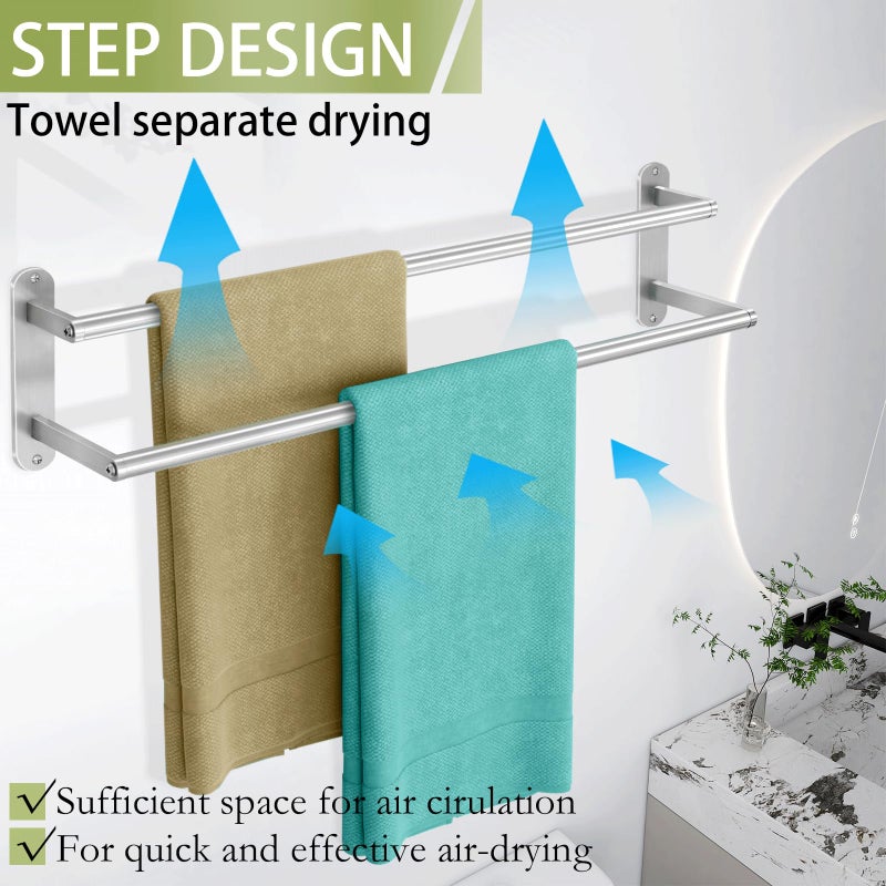 XEENEW Towel Rack for Bathroom, Double Towel Bar 24Inch, Stainless Steel Bathroom Towel Holder, Double Towel Hanger Wall Mounted Towel Rod, Bathroom Towel Rack(Brushed Nickel) - Image 3