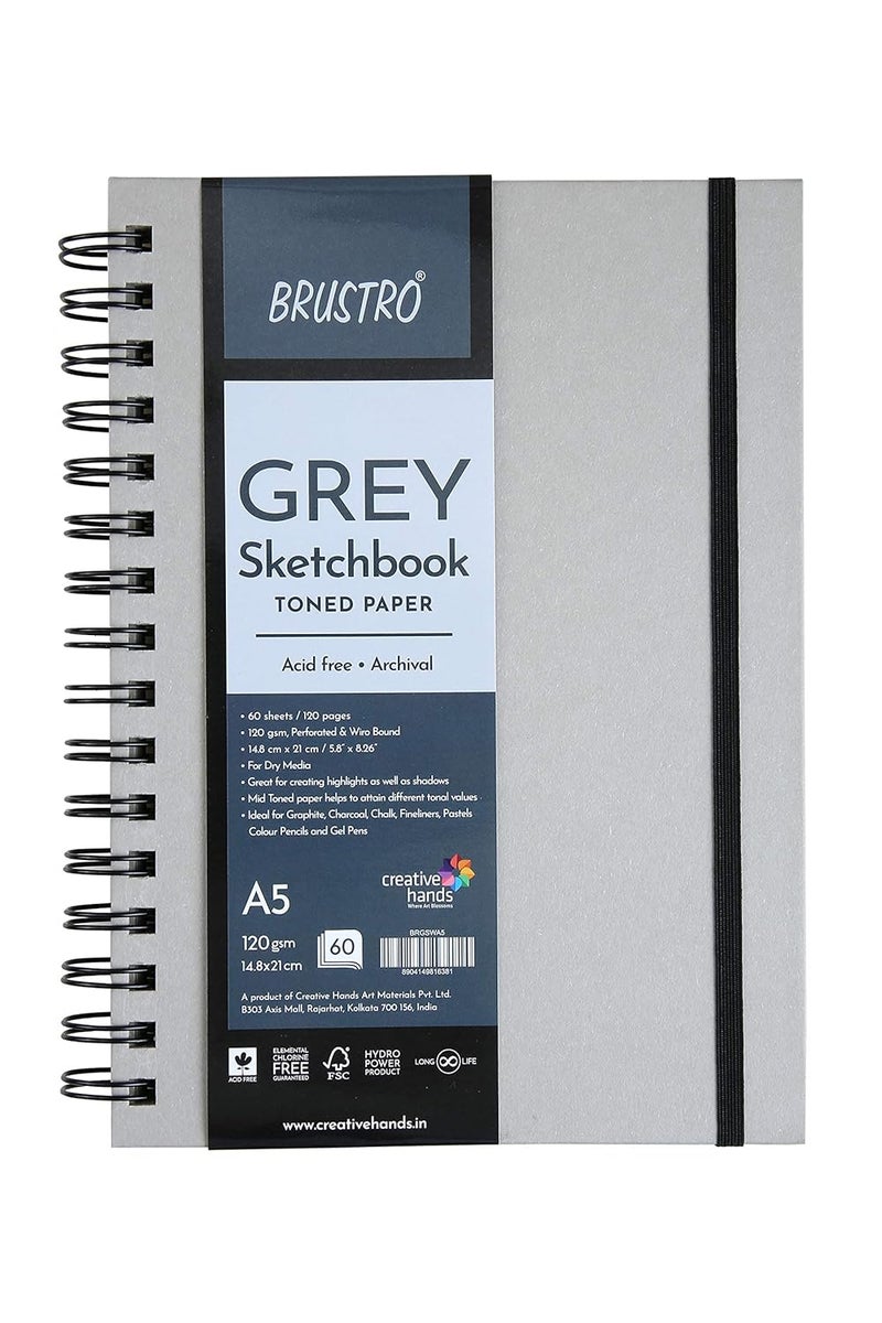 BRUSTRO ورق مصقول - دفتر رسم رمادي | A5، 120 GSM | 60 ورقة/120 صفحة | مربوط بأسلاك، حلزوني، رسم، تخطيط، ورق خالي من الأحماض، وسائط جافة، فن الماندالا، جرافيت، فحم، أقلام ملونة، أقلام جل - Image 1
