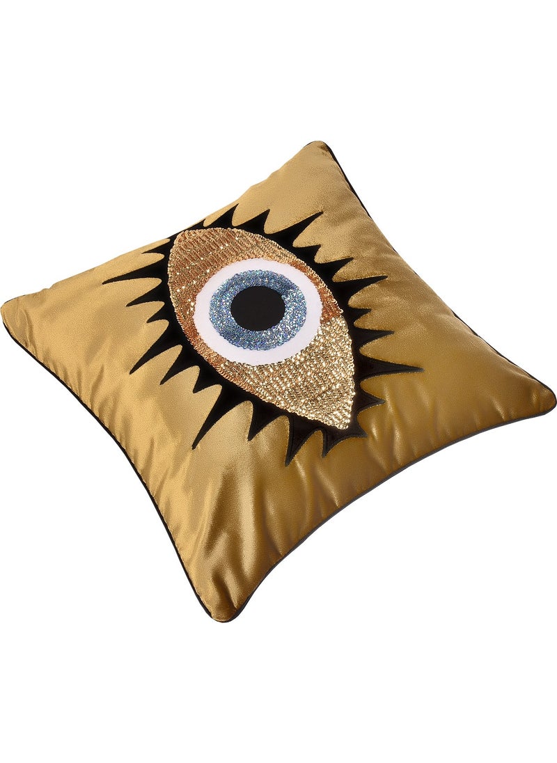 Ge Living Mustard Velvet Blue Eye Embroidered Pillow Case  - Image 3
