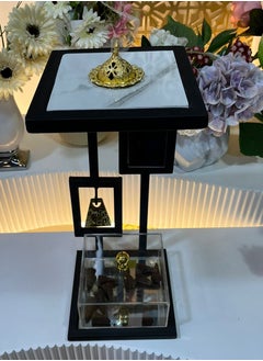 fan baytk "Elegant incense burner in black metal and marble-like wood design with welcome medallion - Measures 20cm length x 20cm width, 45cm height"  - Image 1