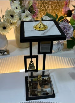 fan baytk "Elegant incense burner in black metal and marble-like wood design with welcome medallion - Measures 20cm length x 20cm width, 45cm height"  - Image 2