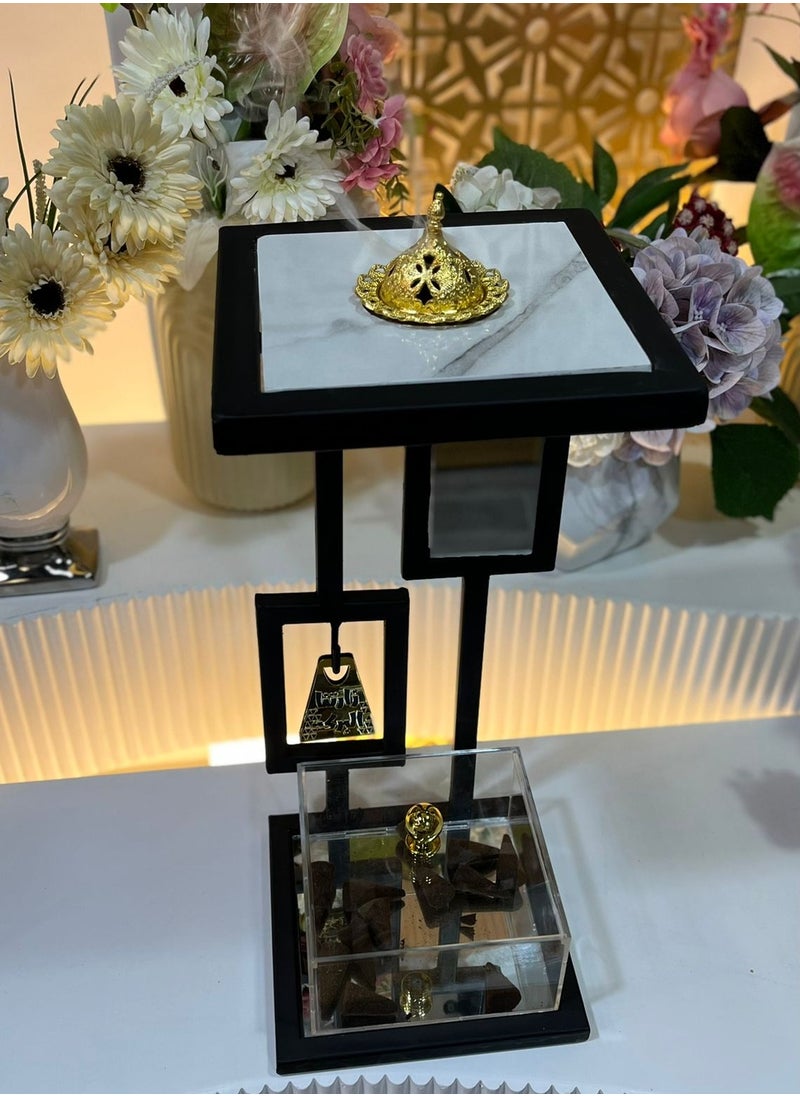 fan baytk - "Elegant incense burner in black metal and marble-like wood design with welcome medallion - Measures 20cm length x 20cm width, 45cm height" - Image 1