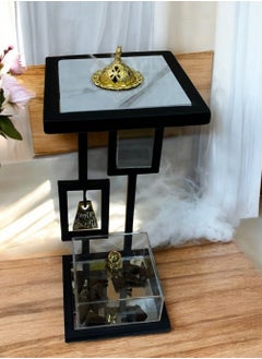 fan baytk "Elegant incense burner in black metal and marble-like wood design with welcome medallion - Measures 20cm length x 20cm width, 45cm height"  - Image 4