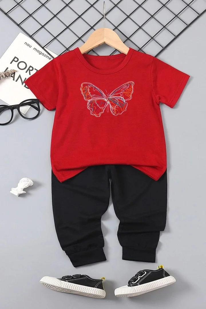 ONLYTRENDWEAR Kids Butterfly Bottom - Top Tracksuit Set 3-4 Years Old Red