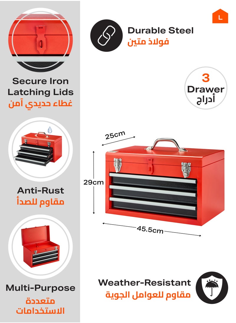 LAWAZIM - 3-Drawers Tool Box with Handle - Red - Durable Lockable Tool Storage Box with Secure Latches for Mechanics, DIY Enthusiasts and Home Use - Multi-Compartment Organizer for Tools and Accessories - Image 1
