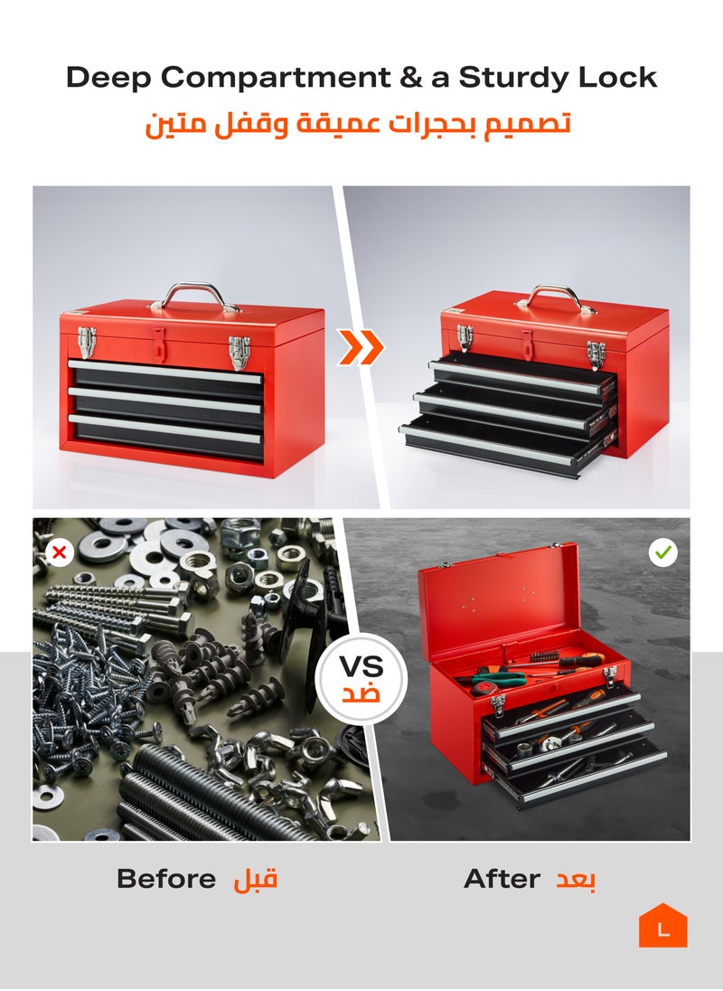 LAWAZIM - 3-Drawers Tool Box with Handle - Red - Durable Lockable Tool Storage Box with Secure Latches for Mechanics, DIY Enthusiasts and Home Use - Multi-Compartment Organizer for Tools and Accessories - Image 1