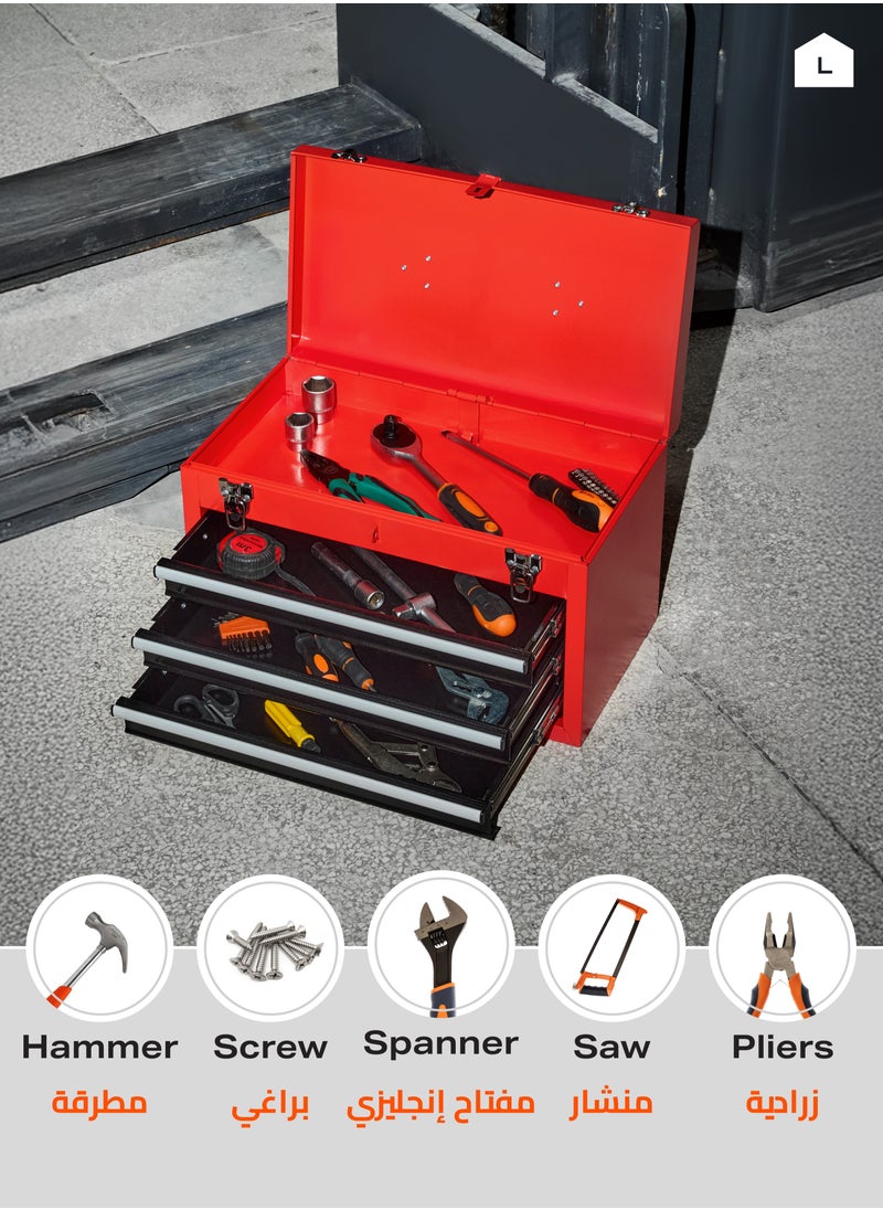 LAWAZIM - 3-Drawers Tool Box with Handle - Red - Durable Lockable Tool Storage Box with Secure Latches for Mechanics, DIY Enthusiasts and Home Use - Multi-Compartment Organizer for Tools and Accessories - Image 1