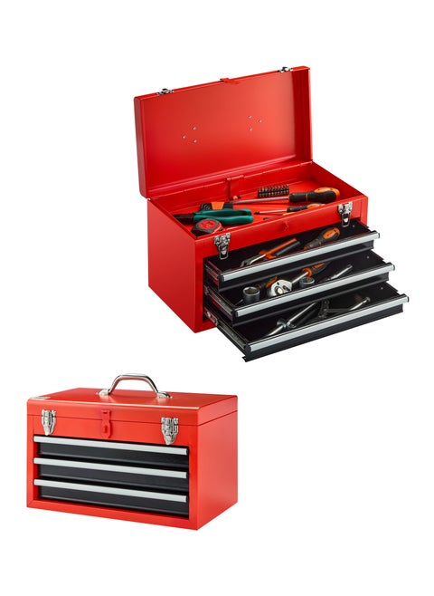 3-Drawers Tool Box with Handle - Red - Durable Lockable Tool Storage Box with Secure Latches for Mechanics, DIY Enthusiasts and Home Use - Multi-Compartment Organizer for Tools and Accessories