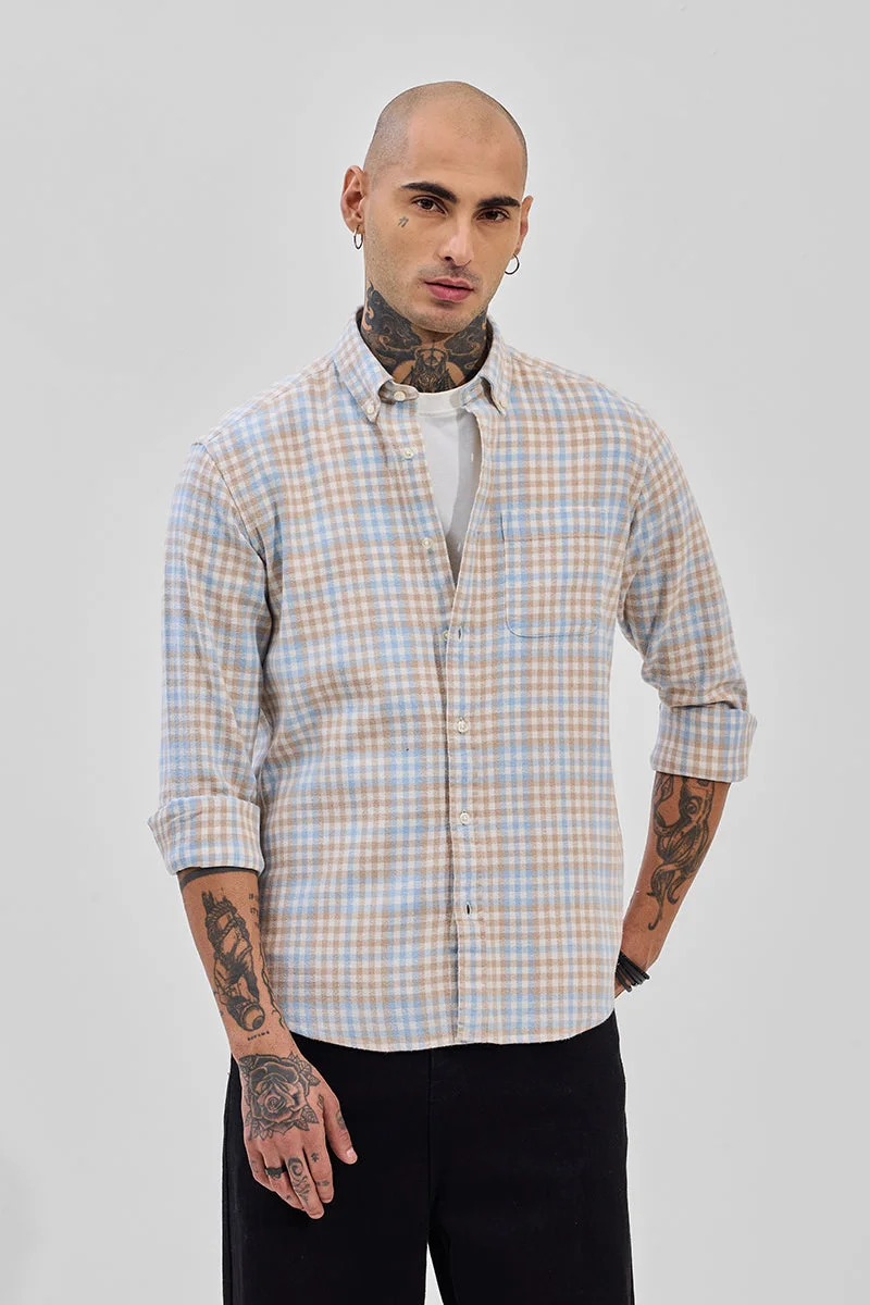 SNITCH Beige Checkered Long Sleeve Regular Fit Shirt