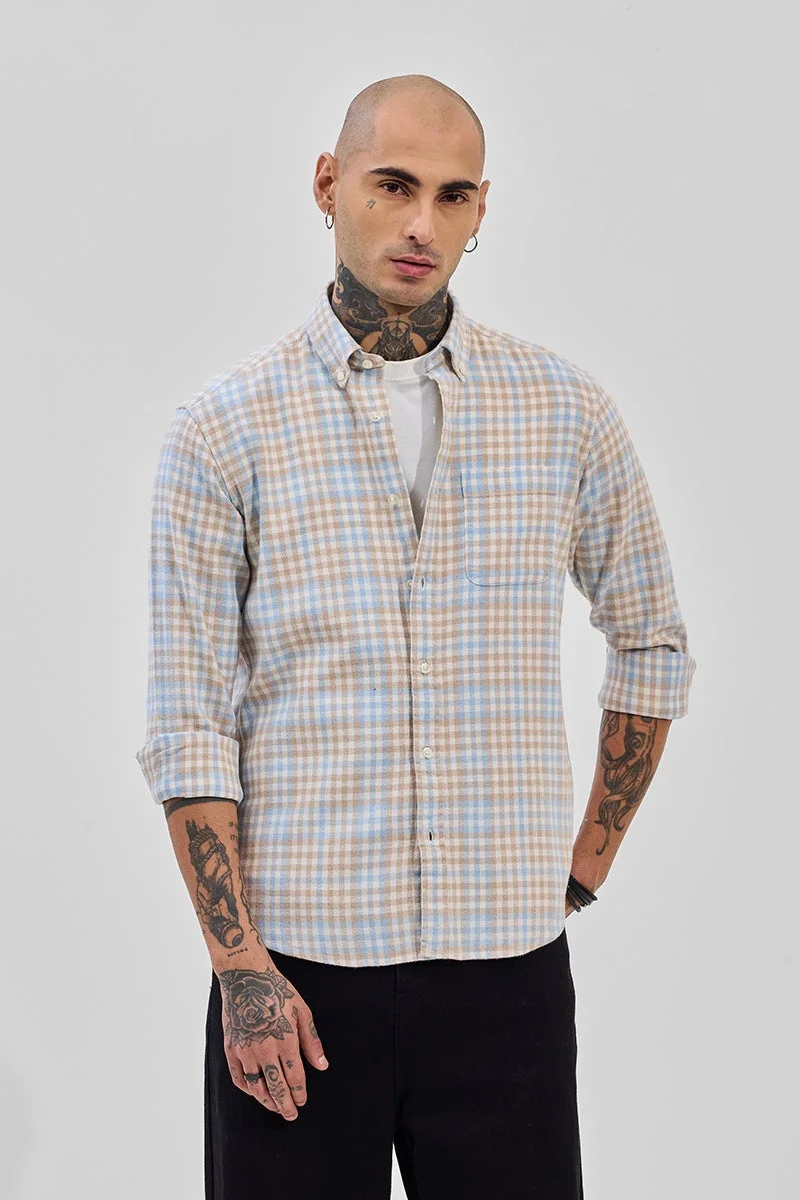 SNITCH Beige Checkered Long Sleeve Regular Fit Shirt