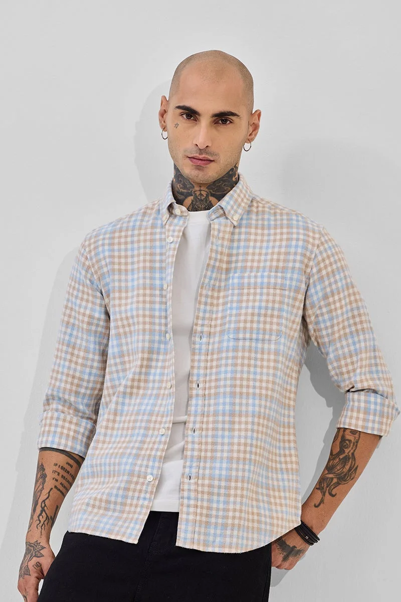 سنيتش Beige Checkered Long Sleeve Regular Fit Shirt