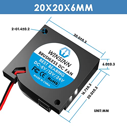 WINSINN 20mm 2006 Blower Fan 5V - Hydraulic Bearing 11000 RPM 2006 Cooling Fan Replacement for Small Appliances (Printer/Router/Set-Top Box), 30cm Cable with XH2.54-2PIN, Brushless 20x6mm (2Pcs) - Image 2