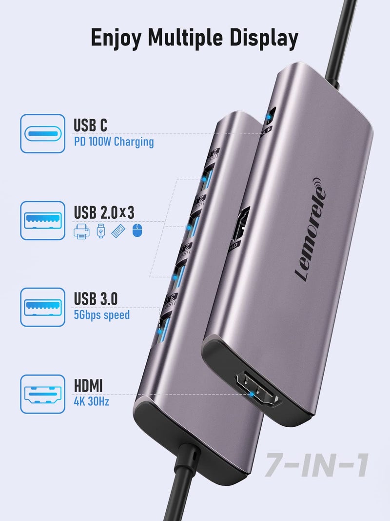 Lemorele Aluminum USB C Docking Station Dual Monitor, Lemorele 7 in 1 Dual HDMI Adapter Multiport USB C Hub USB C Adapter with 2 HDMI, 3 USB 2.0, 1 USB 3.0, PD for Dell XPS 13/15, Lenovo Yoga - Image 2
