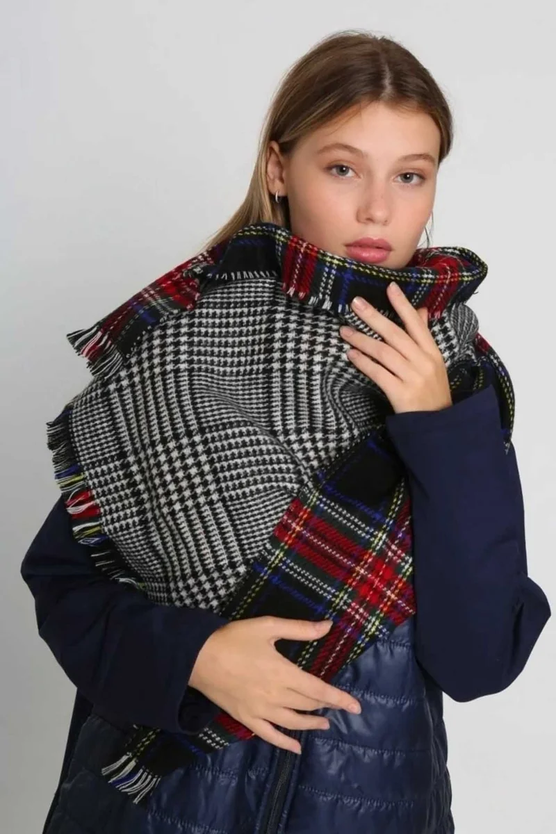 REMSA Double-Sided Houndstooth Plaid Patterned Scarf Shoulder Shawl 70X185 cm 1214 Navy Blue