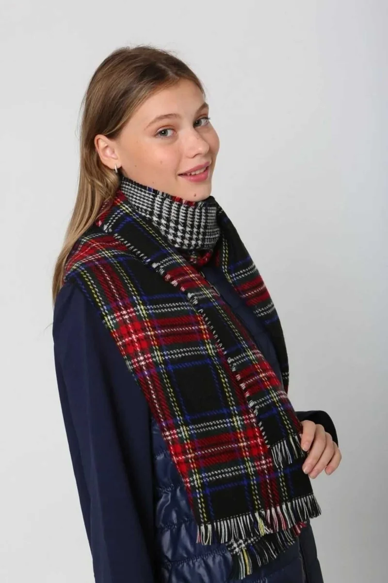 REMSA Double-Sided Houndstooth Plaid Patterned Scarf Shoulder Shawl 70X185 cm 1214 Navy Blue