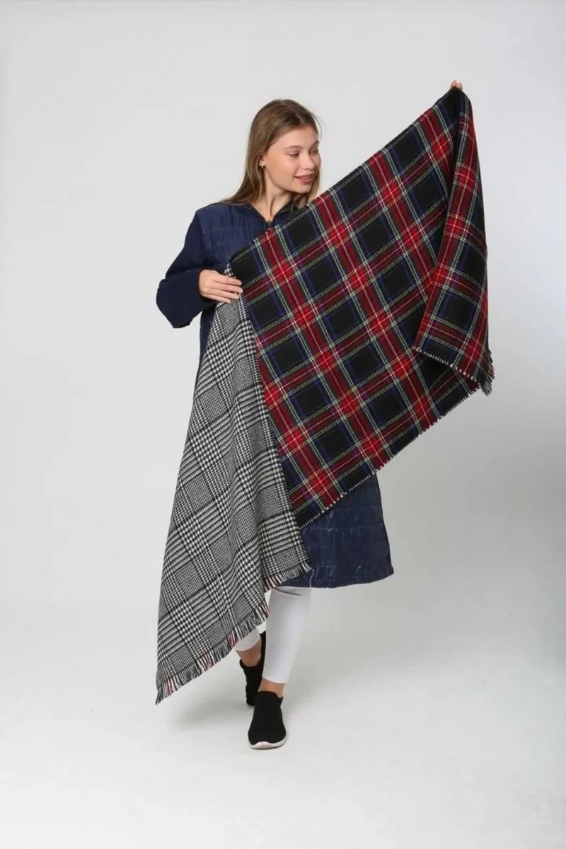 REMSA Double-Sided Houndstooth Plaid Patterned Scarf Shoulder Shawl 70X185 cm 1214 Navy Blue