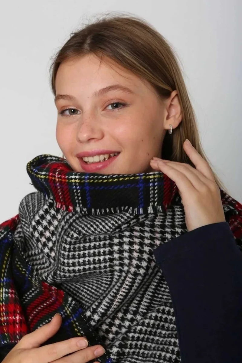 REMSA Double-Sided Houndstooth Plaid Patterned Scarf Shoulder Shawl 70X185 cm 1214 Navy Blue