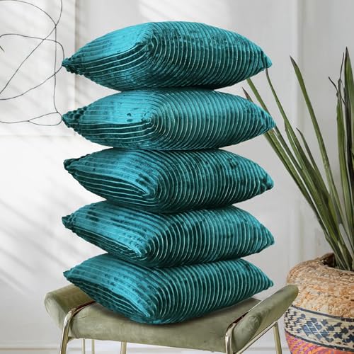 RD TREND® Cushion Cover Set of 5, Decorative Sofa Living Room Home Square Cushion Covers 16 Inch x 16 Inch, Aesthetic Corduroy Striped Double Sided (Green,Pack of 5) - Image 1