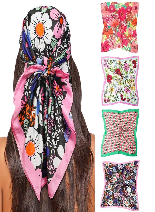 Molans 35” Satin Large Square Hair Scarves, 4pcs Silk Head Scarf Bandanas for Women,Silk Head Wraps for Sleeping(Plant flower) - Image 1