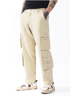 Hubberholme Relaxed Fit Beige 95% polyester 5% spandex Solid Woven Cargo with Button Closure Full Length - Ideal for Streetwear - A Must-Have for Your Wardrobe!  - Image 3
