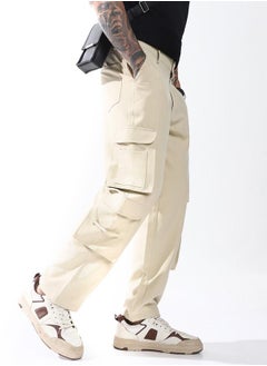 Hubberholme Relaxed Fit Beige 95% polyester 5% spandex Solid Woven Cargo with Button Closure Full Length - Ideal for Streetwear - A Must-Have for Your Wardrobe!  - Image 2