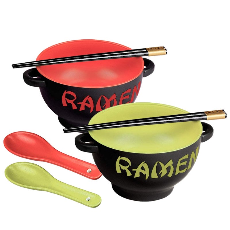 World Market World Market Japanese Ceramic Ramen Bowl Set of 2  Soup Spoon and Chopsticks  Serving Bowls for Noodle Ramen Udon Miso Thai and Pho Soup 175 Ounce Red Dragon and Green Rooster 