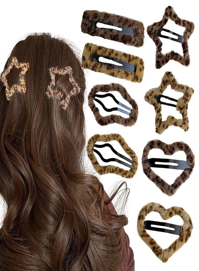 Rannyrena Cute Star Leopard Print Velvet Snap Hair Clips Barrettes for Women Hollow Cloud and Heart Shapes Y2K Bangs Side Hair Clips Hair Accessories 8 Pack - Image 1
