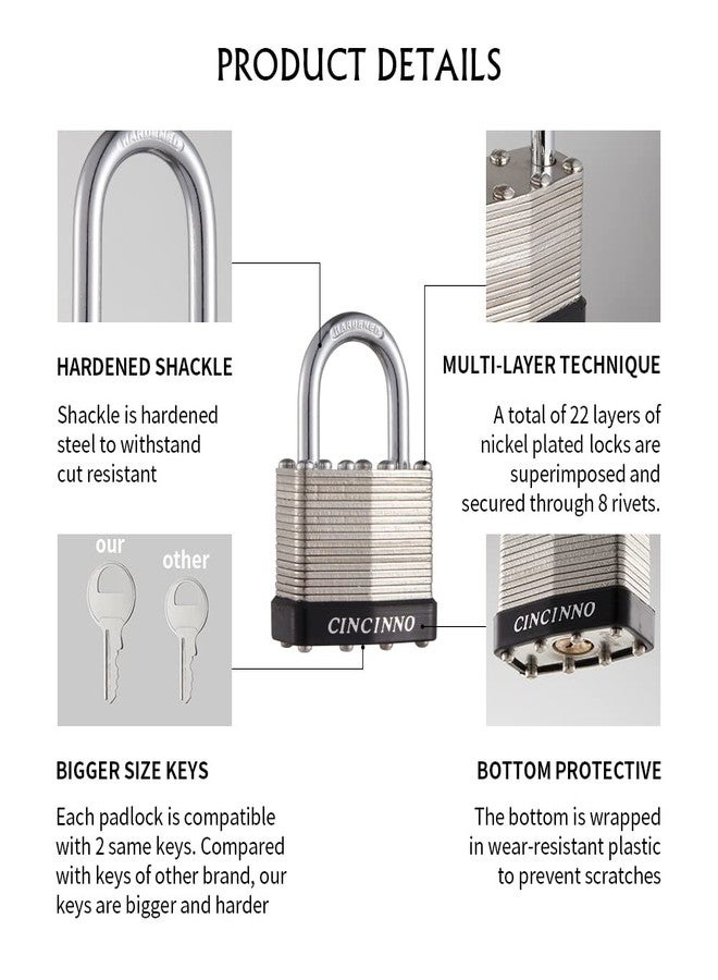 CINCINNO قفل CINCINNO مقاس 40 مم، مصنوع من الفولاذ المصفح المطلي بالنيكل، بمفتاح واحد، جسم بعرض 1-9/16 بوصة، قفل ذو قيد مقاس 1 بوصة مع مفاتيح، عبوة من 12 قفلًا - Image 3