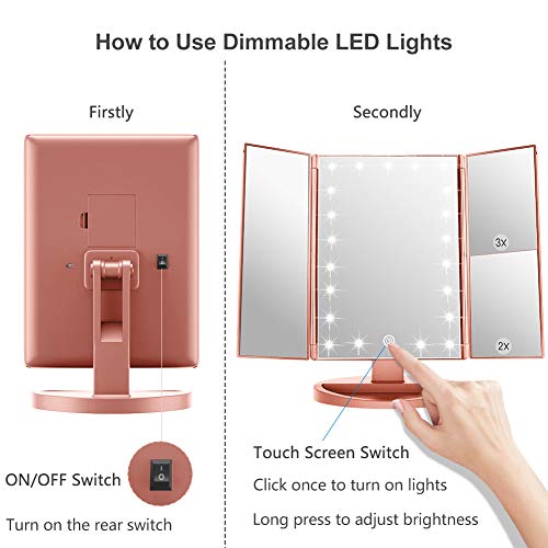 WEILY Makeup Mirror with 21 LED Lights,Two Power Supply, Touch Screen and 1x/2x/3x Magnification Tri-Fold Vanity Mirror for Makeup Desk(Rose Gold) - Image 5