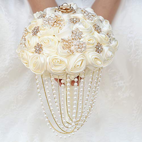 TUAGYMKR Handmade Satin Rose Water Drop Bridal Bouquet,8.7inch Crystal Wedding Round Tossing Bouquet,Jewelry Proposal Bridesmaid Bouquet Groom Corsage Bride Wrist Flower Ivory (26#Ivory) - Image 5