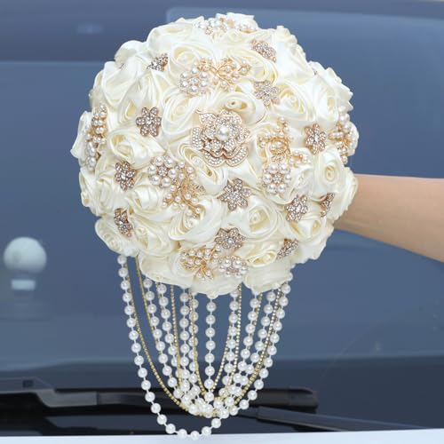 TUAGYMKR Handmade Satin Rose Water Drop Bridal Bouquet,8.7inch Crystal Wedding Round Tossing Bouquet,Jewelry Proposal Bridesmaid Bouquet Groom Corsage Bride Wrist Flower Ivory (26#Ivory) - Image 3