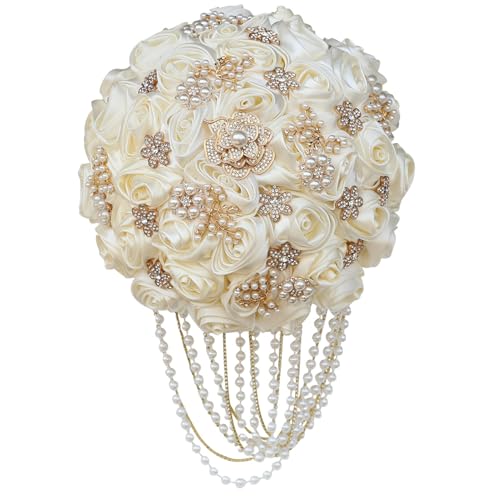TUAGYMKR Handmade Satin Rose Water Drop Bridal Bouquet,8.7inch Crystal Wedding Round Tossing Bouquet,Jewelry Proposal Bridesmaid Bouquet Groom Corsage Bride Wrist Flower Ivory (26#Ivory) - Image 1