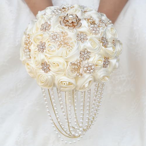 TUAGYMKR Handmade Satin Rose Water Drop Bridal Bouquet,8.7inch Crystal Wedding Round Tossing Bouquet,Jewelry Proposal Bridesmaid Bouquet Groom Corsage Bride Wrist Flower Ivory (26#Ivory) - Image 4