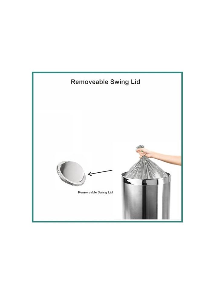 VINSTAR - 60 LTR Stainless Steel Round Swing Top Lid Trash Bin with Removable Lid Round Shape Silver Color (12” x 28”) - Image 1